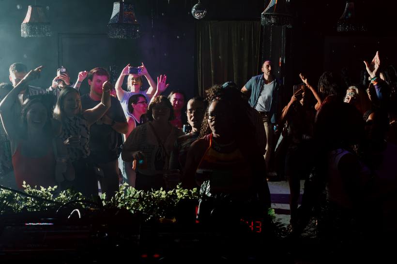The crowd seen from behind the decks